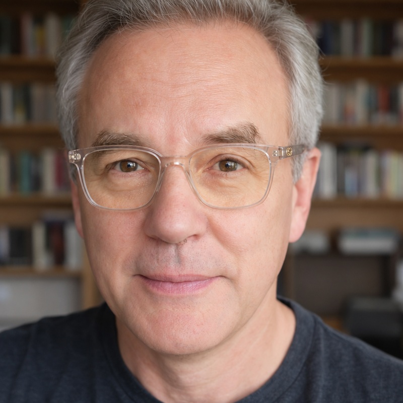 Bernd Best, Strategieberater mit transparenter Brille vor einem Bücherregal
